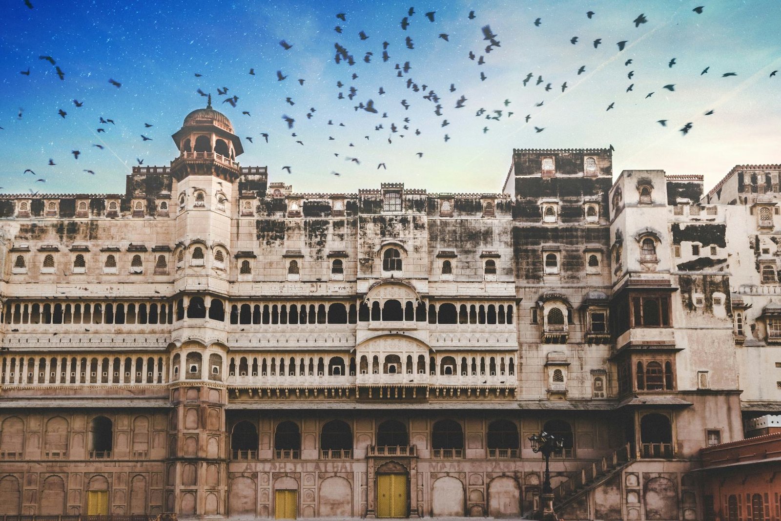 Junagarh Fort facade in Bikaner with flying birds